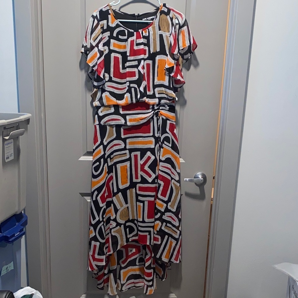 Karl Lagerfeld Paris Size 10 Abstract Geometric Print High Low Midi Dress